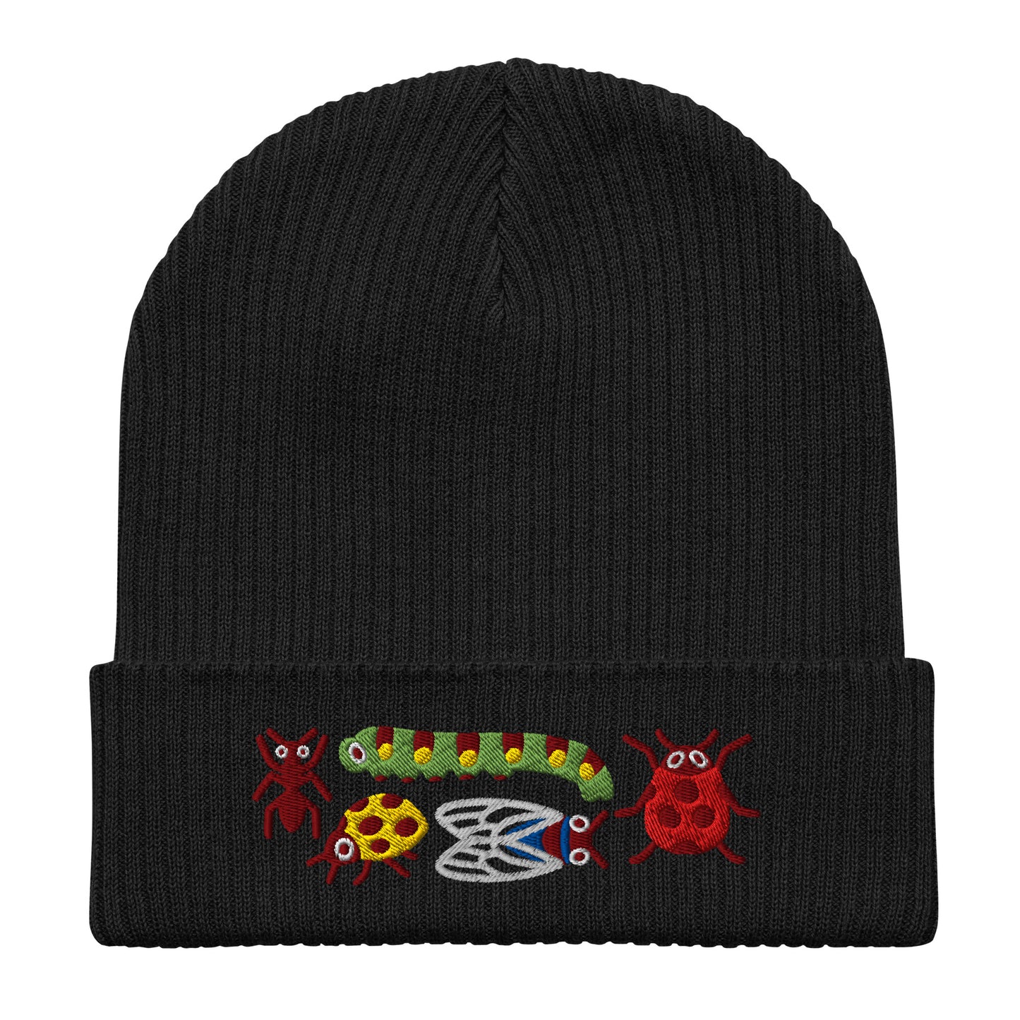 Black beanie with colorful embroidered designs on a white background