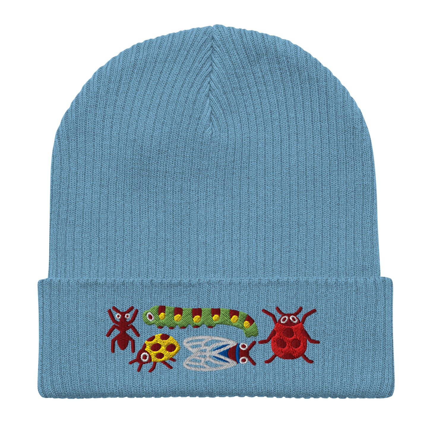 Blue knit beanie with embroidered insects on a white background