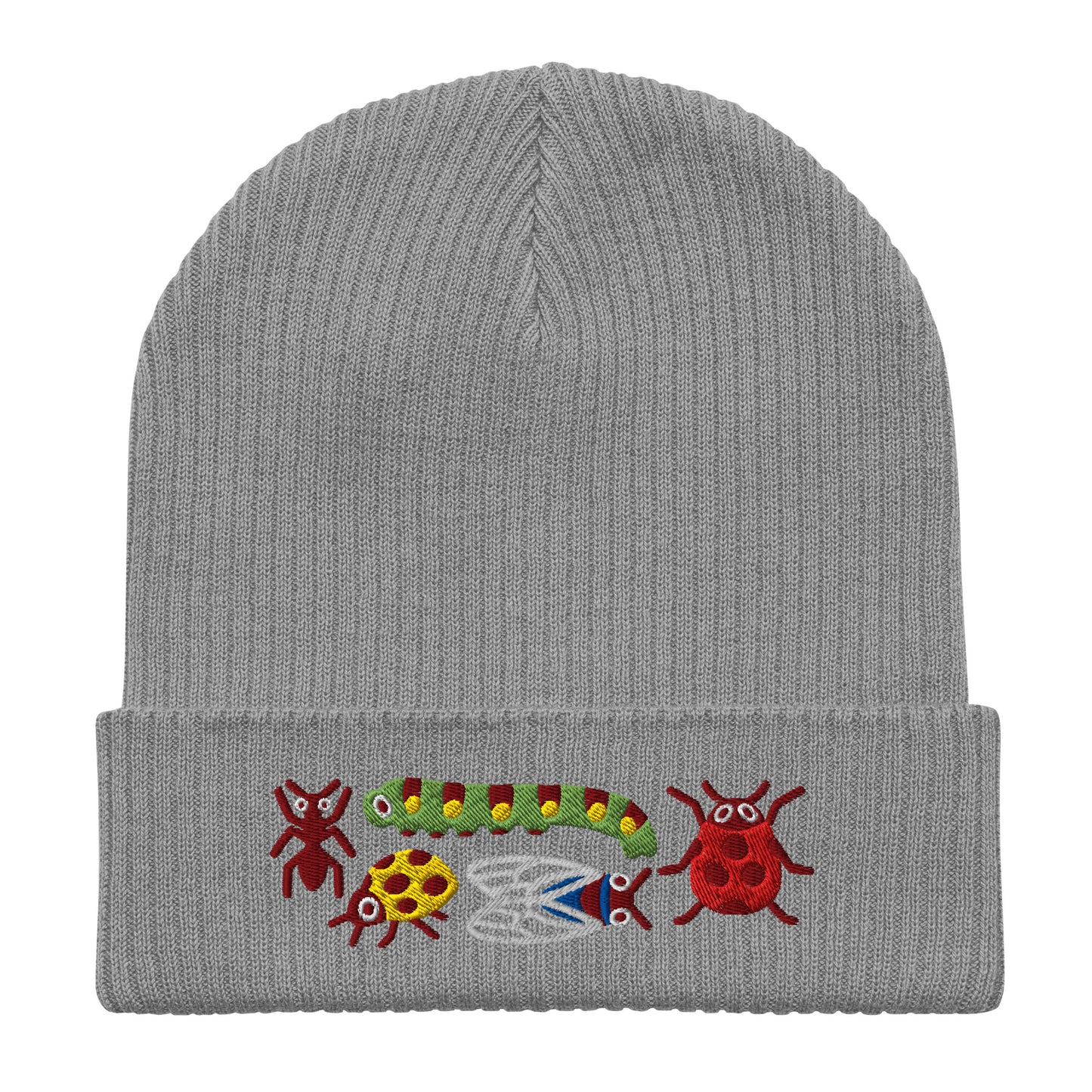 Gray beanie with embroidered colorful designs on a white background