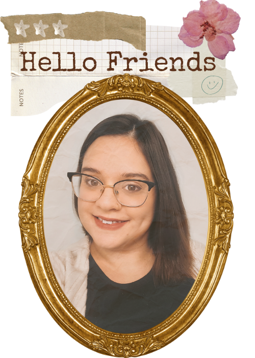 Portrait of a person with glasses in a gold frame, surrounded by decorative elements on a white background.
