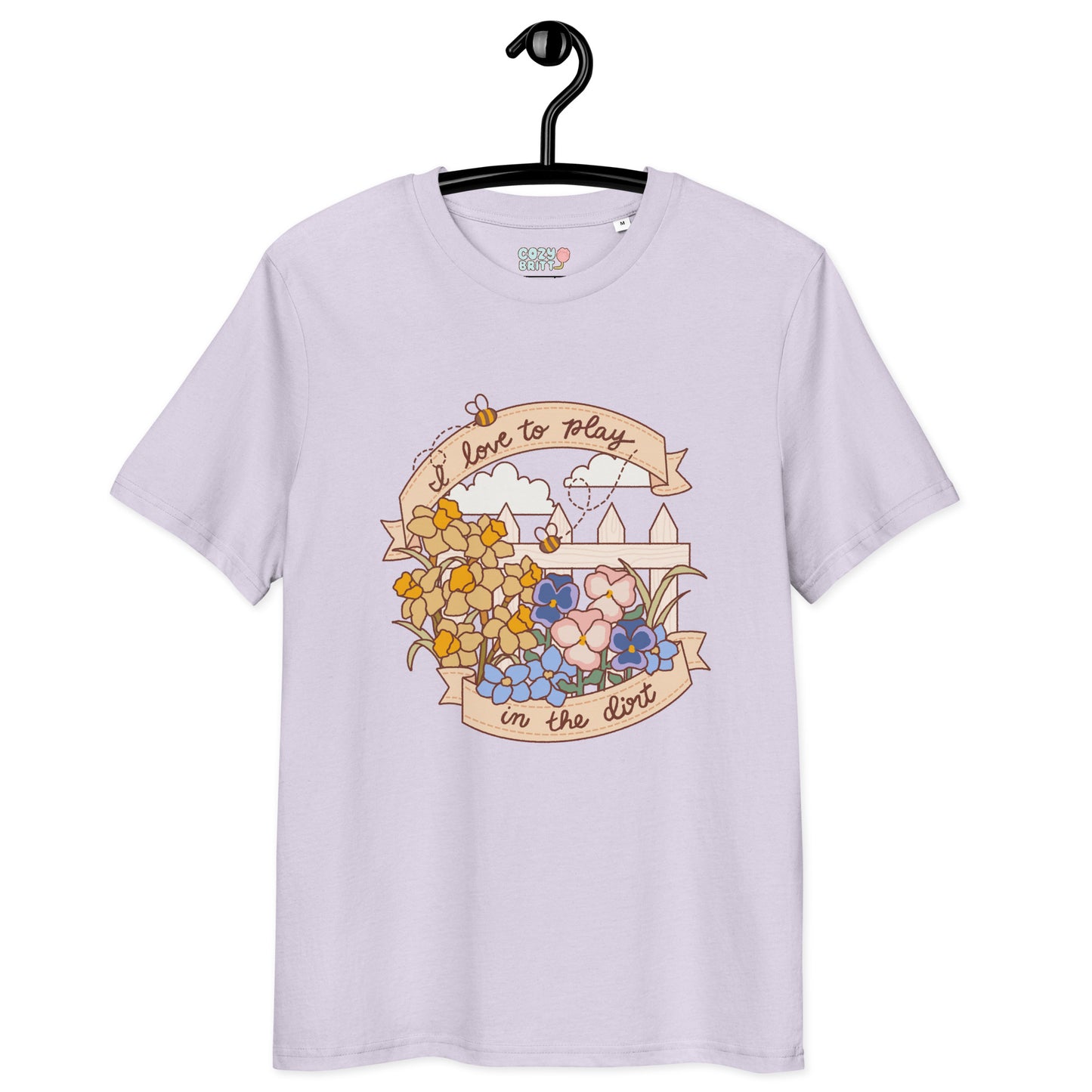 Light purple t-shirt with floral design and text on a hanger against a white background
