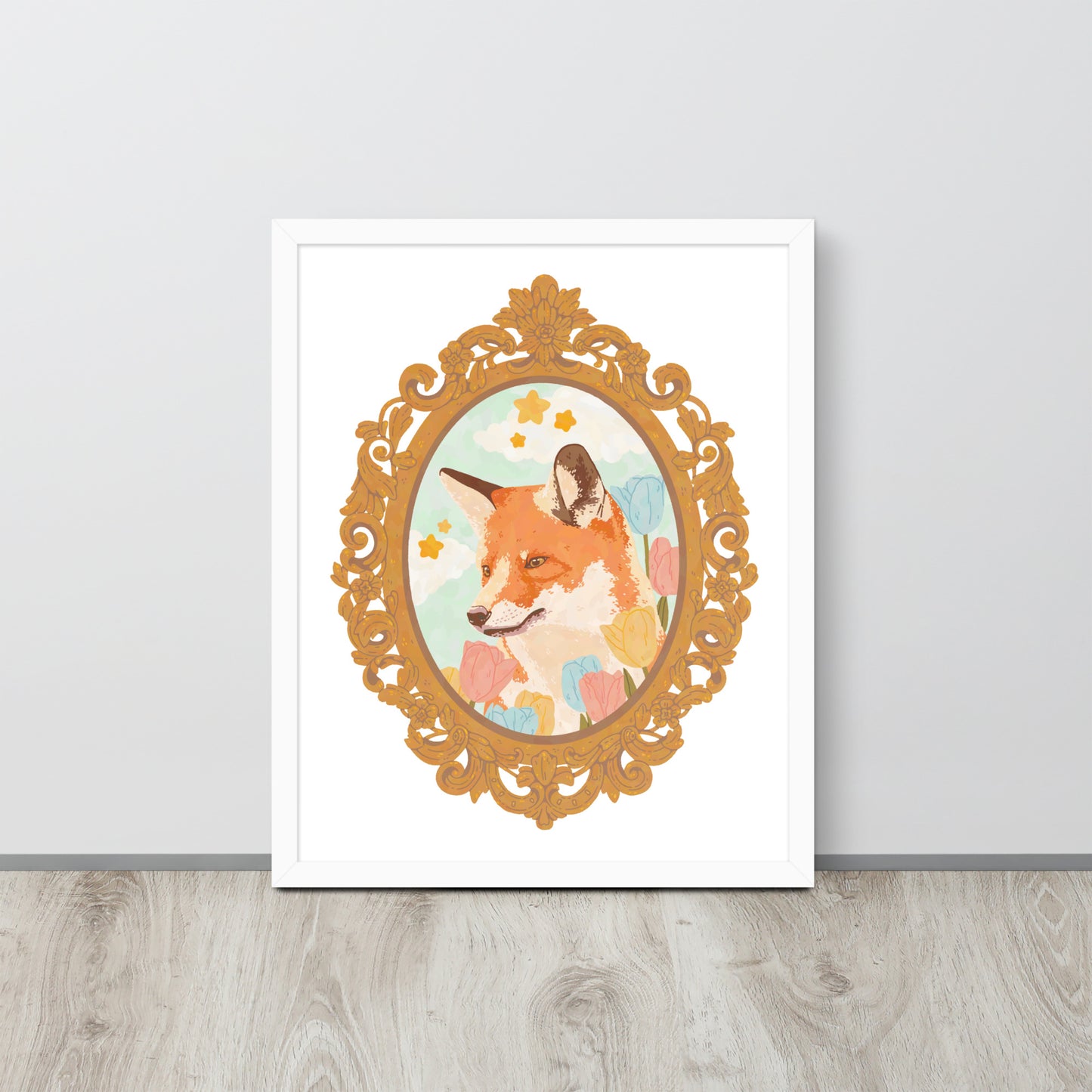 Illustration of a fox in a decorative gold frame on a white background