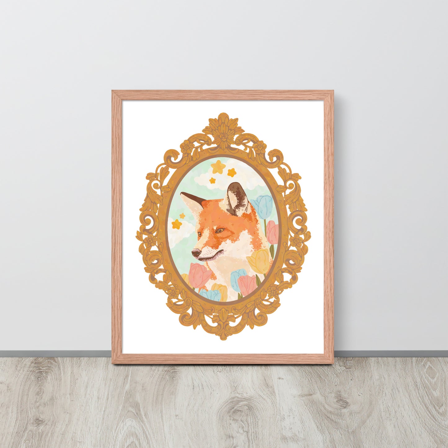 Framed artwork of a fox with decorative gold frame on a white wall.