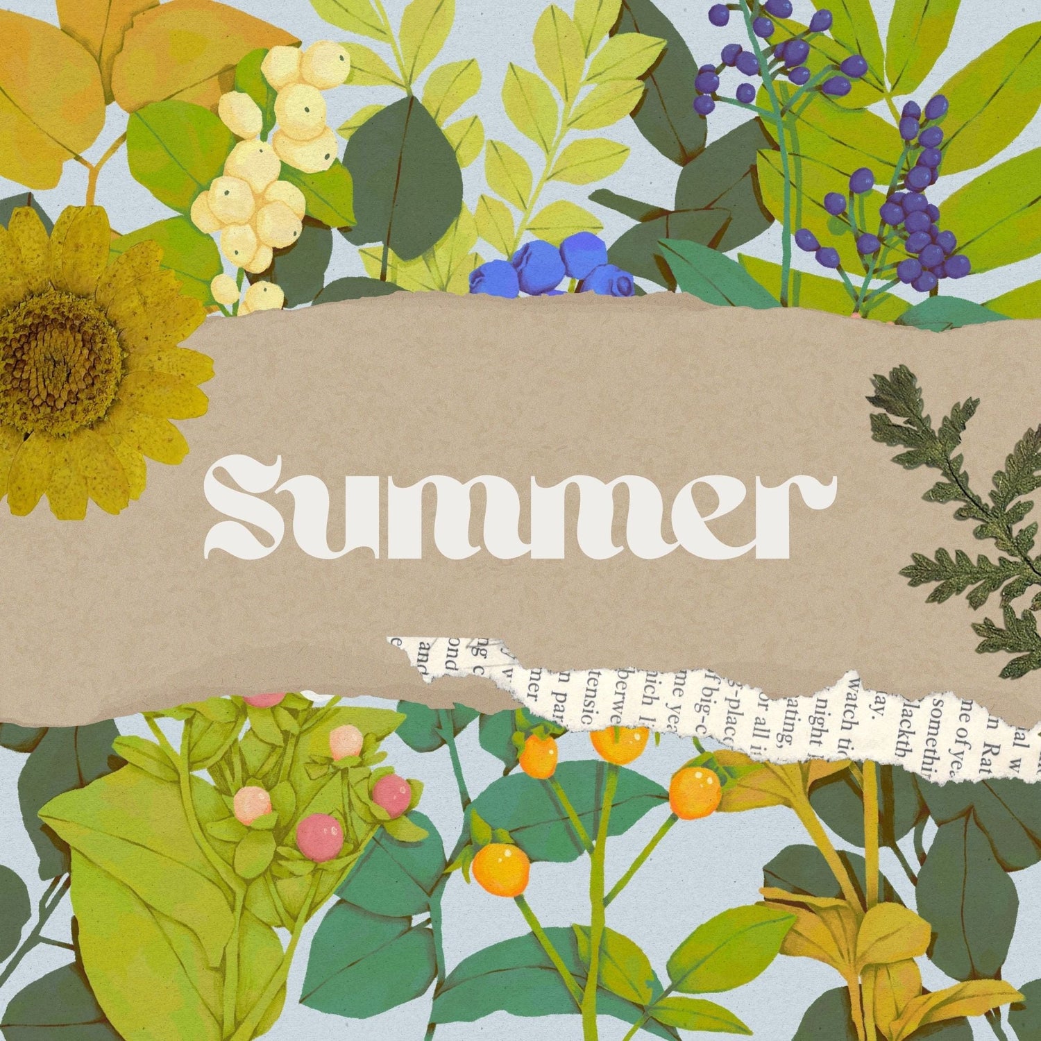 Summer Collection by Cozy Britt featuring whimsical botanical art with sunflowers, berries, and greenery. Nature-inspired seasonal artwork for cottagecore décor