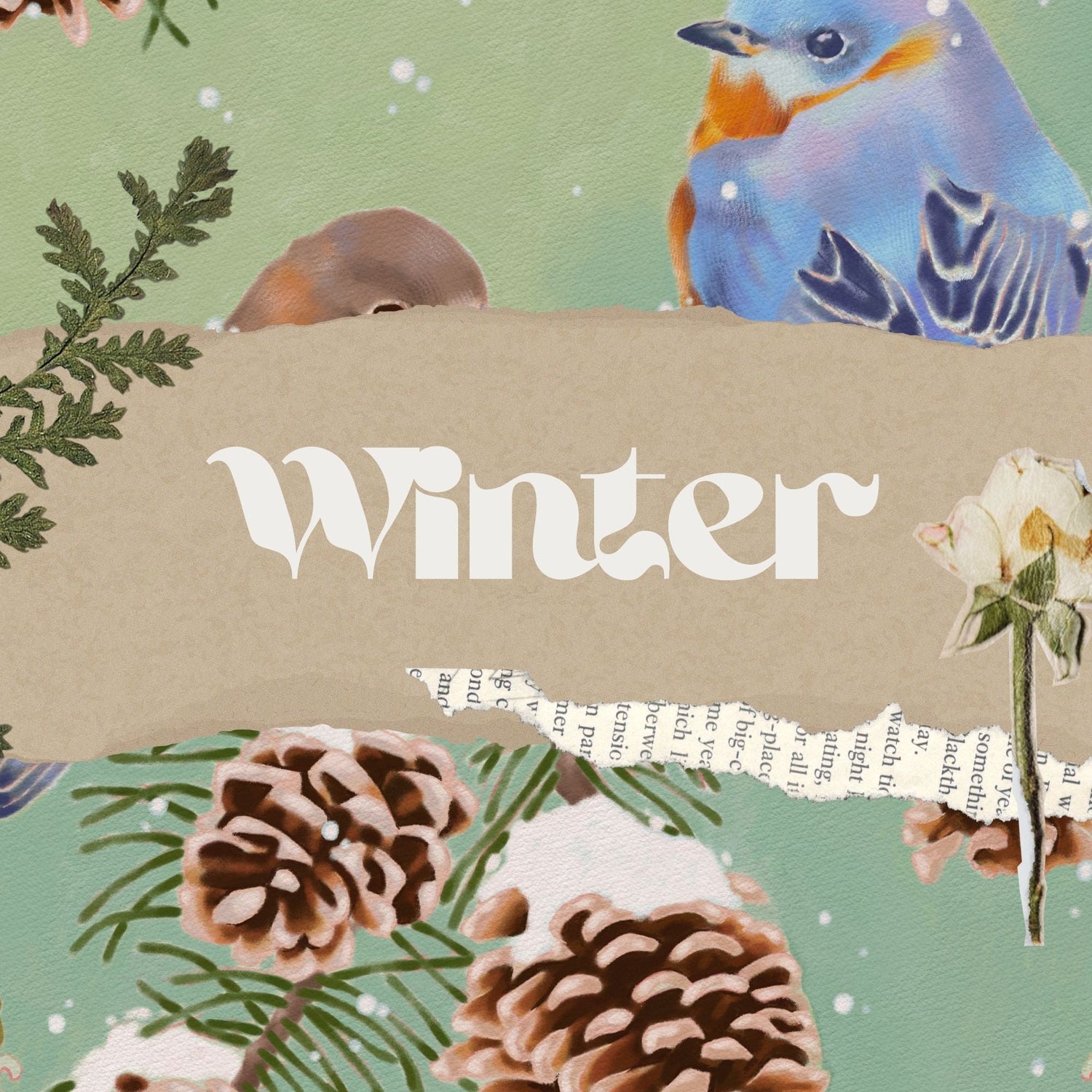Whimsical winter collage art with snow-covered pinecones, evergreen branches, a bluebird, vintage paper textures, and the word 'Winter' in bold white font.
