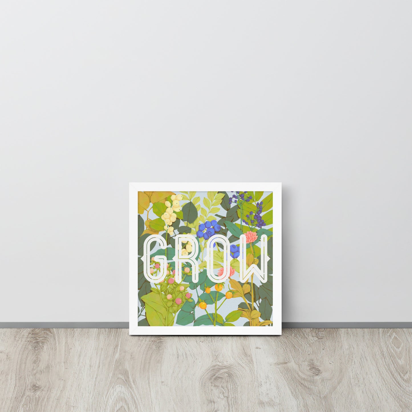 Decorative wall art with floral design and 'GROW' text on a white background