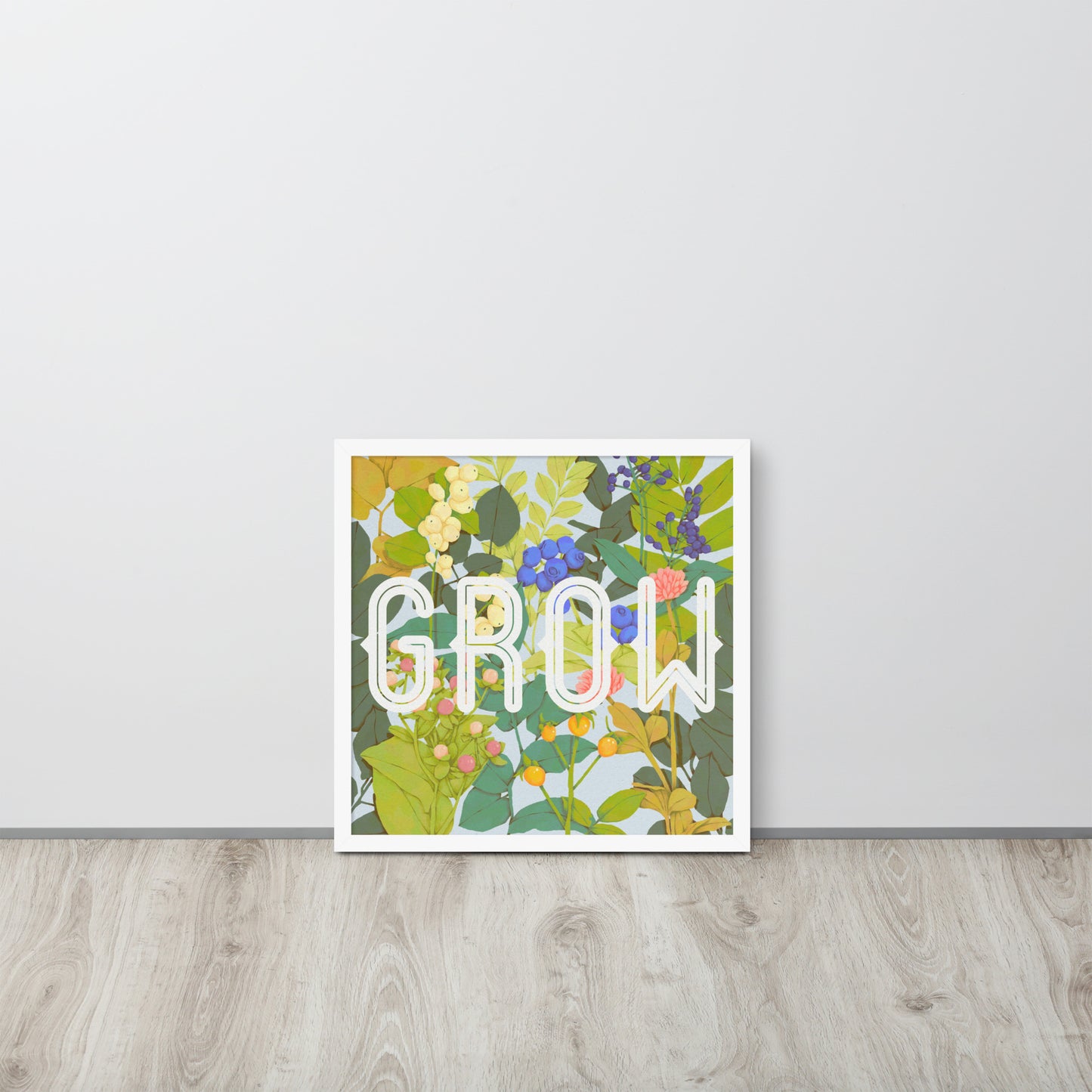 Decorative wall art with floral design and 'GROW' text on a light gray background.
