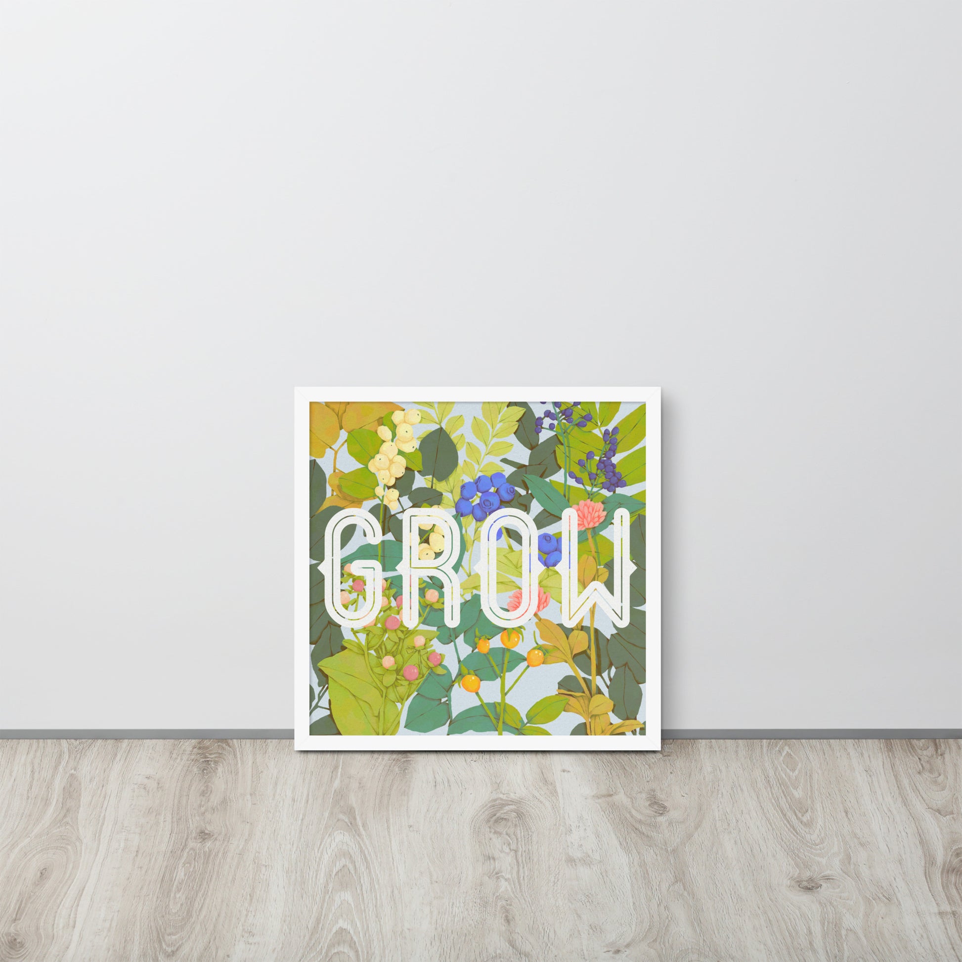 Decorative wall art with floral design and 'GROW' text on a light gray background.