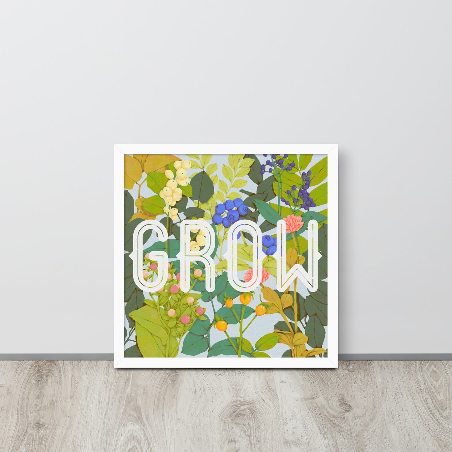 Decorative wall art with floral design and 'GROW' text on a light gray background.
