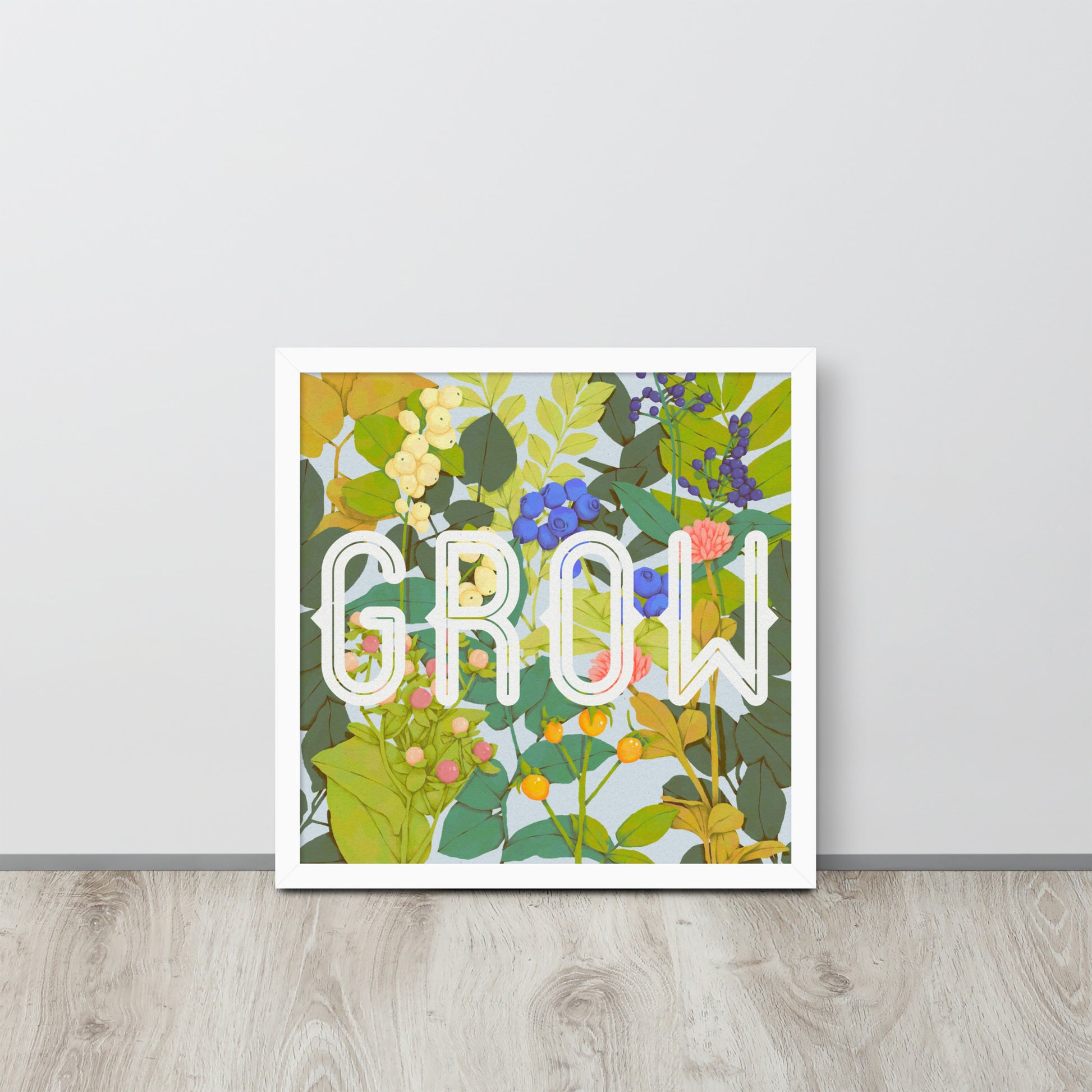 Decorative wall art with floral design and 'GROW' text on a light gray background.
