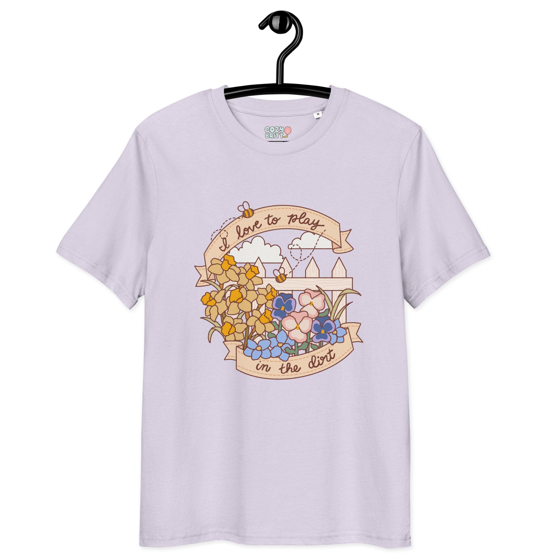 Light purple t-shirt with floral design and text on a hanger against a white background