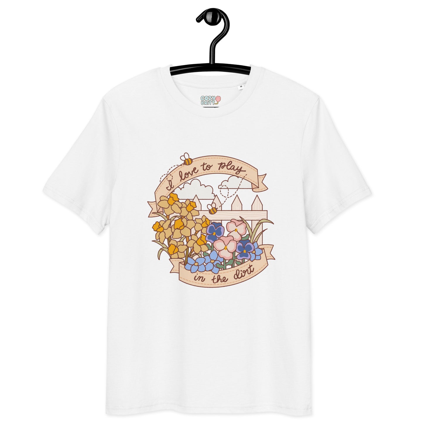 White t-shirt with floral design and text on a hanger against a white background