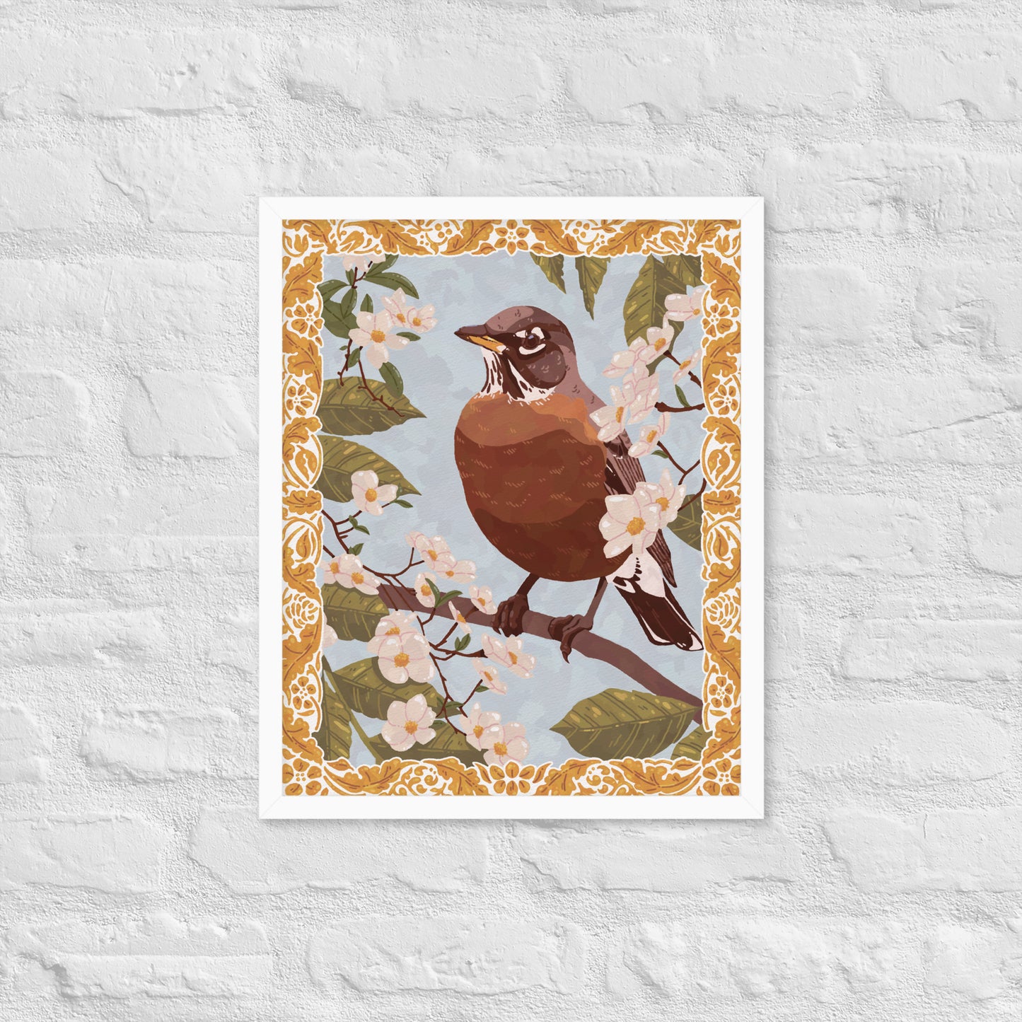Framed artwork of a bird on a branch with flowers against a light gray background