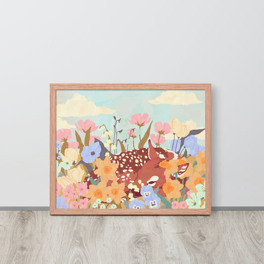 Framed artwork of deer and flowers on a light gray wall.