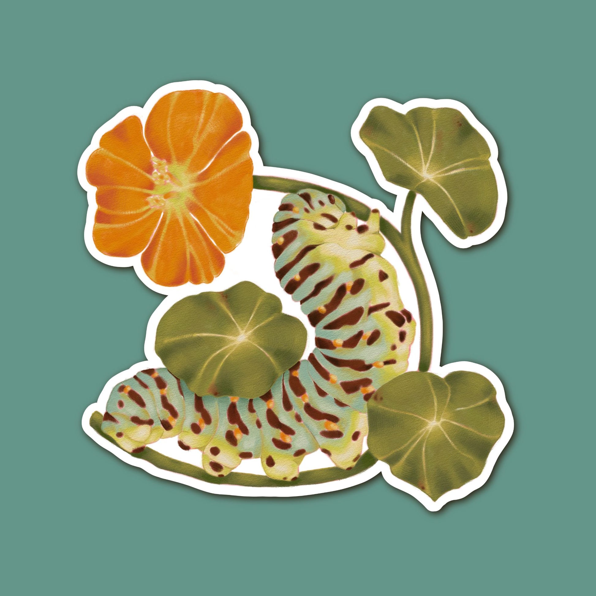Illustration of a caterpillar on leaves with a flower on a green background