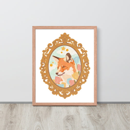 Framed artwork of a fox with decorative gold frame on a white wall.