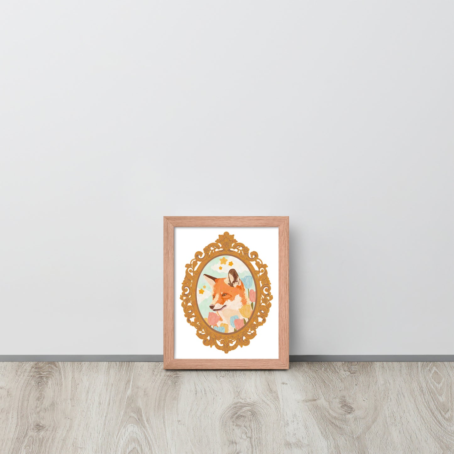 Framed artwork of a fox with a mirror on a white wall.