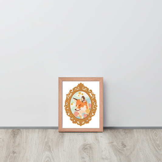 Framed artwork of a fox with a mirror on a white wall.