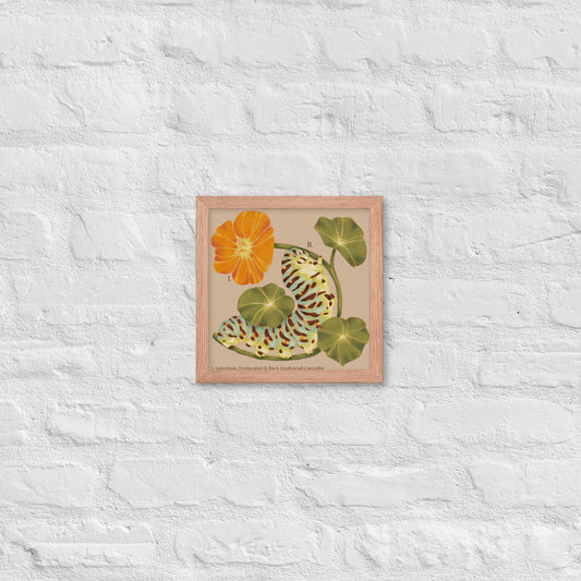 Framed artwork with floral design on a textured white wall
